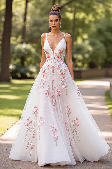 White Floral Spaghetti Straps A Line Wedding Dress